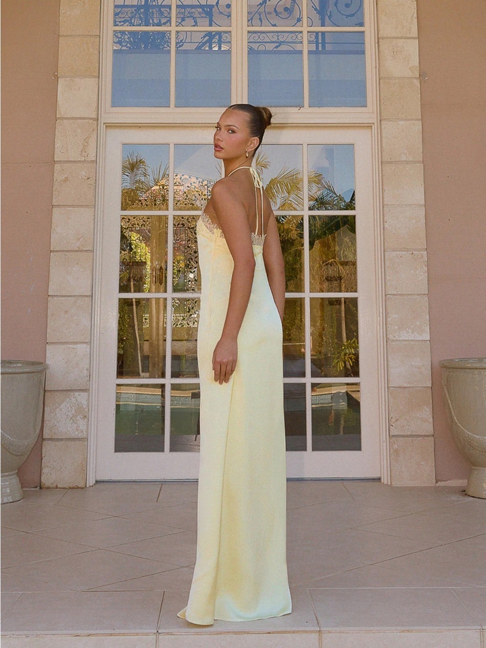 Halter Lace-Trim Satin Maxi Dress in Pale Yellow - Picture 2 of 3